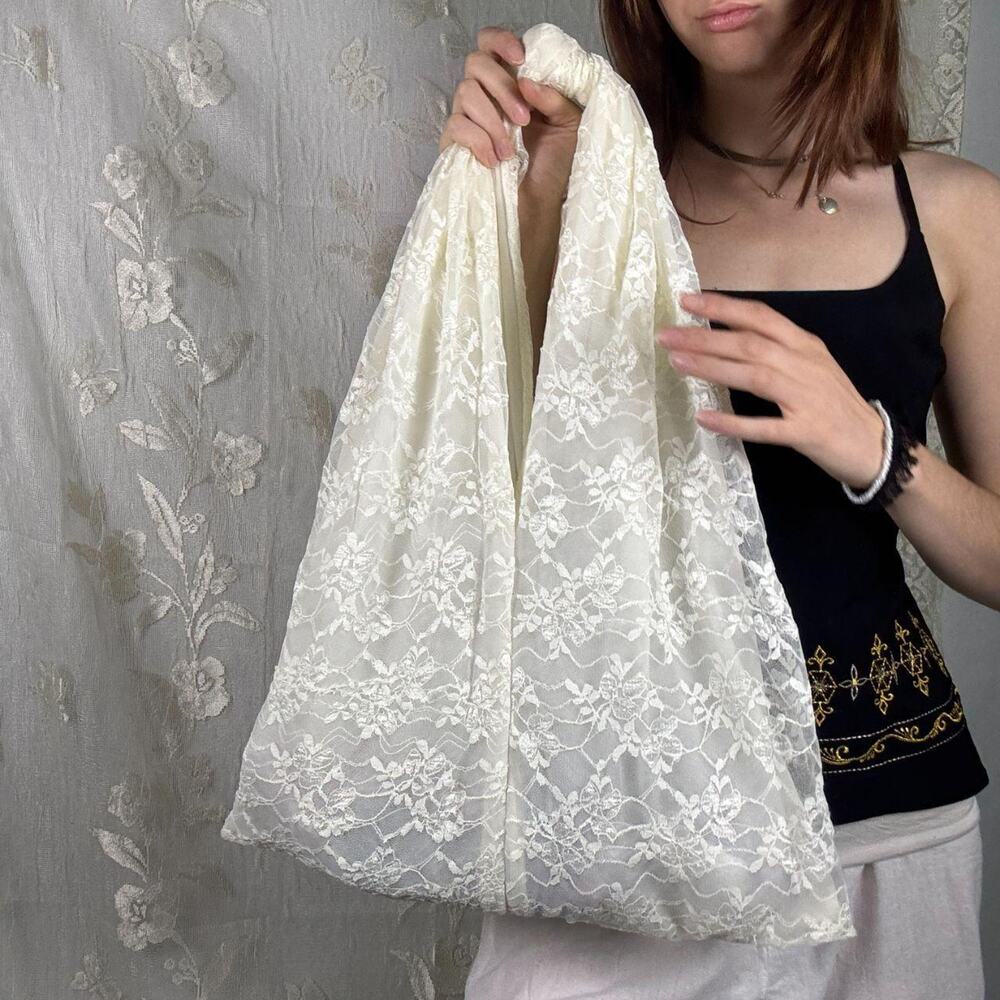 Sheer Cream Floral Lace Shoulder Bag - Slouchy Coquette Tote